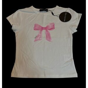 White Fox Boutique Pink Bow Graphic Baby Tee White Short Sleeve Crop Top S NWT